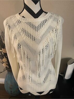 BCX Cream Open-Knit Fringe Crewneck Sweater